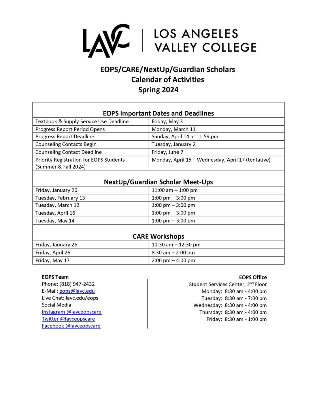 EOPS Calendar of Activities LAVC